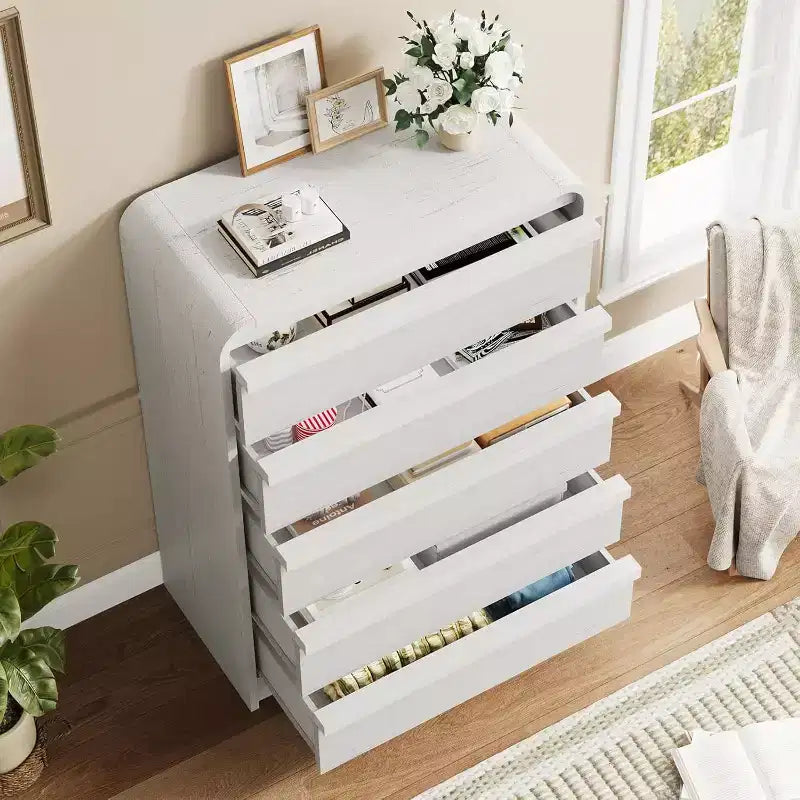 Comò/Cassettiera Moderna a 5 Cassetti con Parte Superiore Ad Arco, Design con Bordi Curvi, Mobiletto Indipendente, per Sala da Pranzo, Camera da Letto, Soggiorno