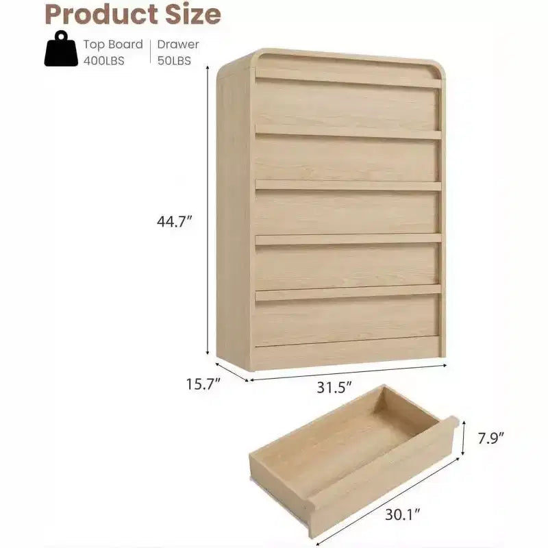 Comò/Cassettiera Moderna a 5 Cassetti con Parte Superiore Ad Arco, Design con Bordi Curvi, Mobiletto Indipendente, per Sala da Pranzo, Camera da Letto, Soggiorno