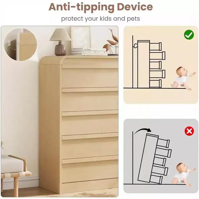 Comò/Cassettiera Moderna a 5 Cassetti con Parte Superiore Ad Arco, Design con Bordi Curvi, Mobiletto Indipendente, per Sala da Pranzo, Camera da Letto, Soggiorno