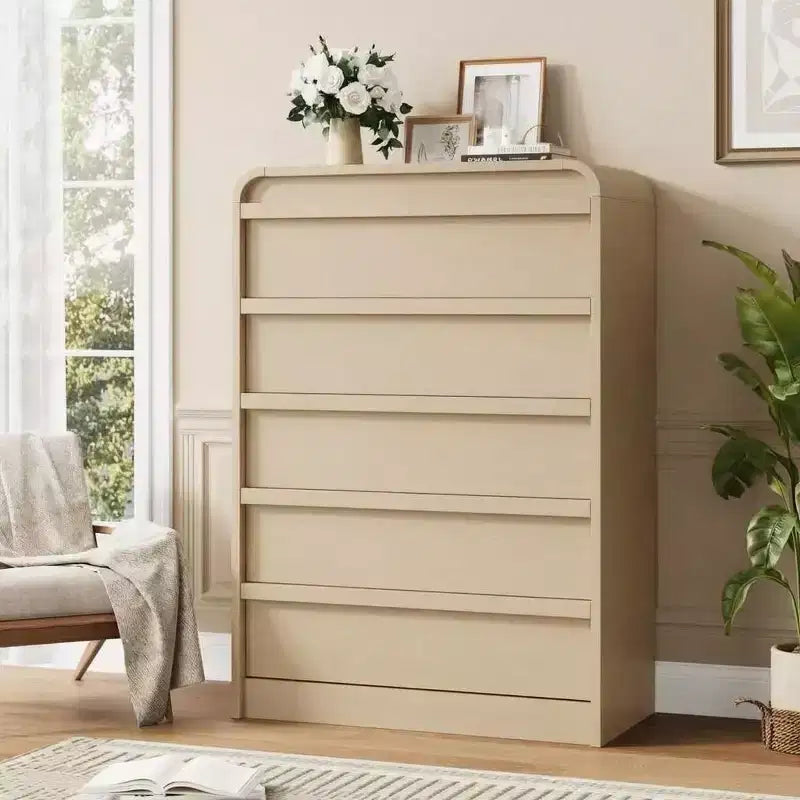 Comò/Cassettiera Moderna a 5 Cassetti con Parte Superiore Ad Arco, Design con Bordi Curvi, Mobiletto Indipendente, per Sala da Pranzo, Camera da Letto, Soggiorno