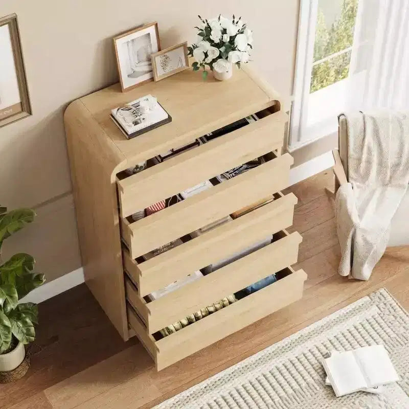 Comò/Cassettiera Moderna a 5 Cassetti con Parte Superiore Ad Arco, Design con Bordi Curvi, Mobiletto Indipendente, per Sala da Pranzo, Camera da Letto, Soggiorno