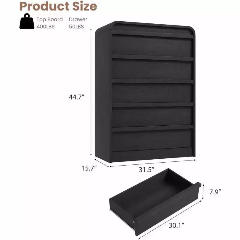 Comò/Cassettiera Moderna a 5 Cassetti con Parte Superiore Ad Arco, Design con Bordi Curvi, Mobiletto Indipendente, per Sala da Pranzo, Camera da Letto, Soggiorno