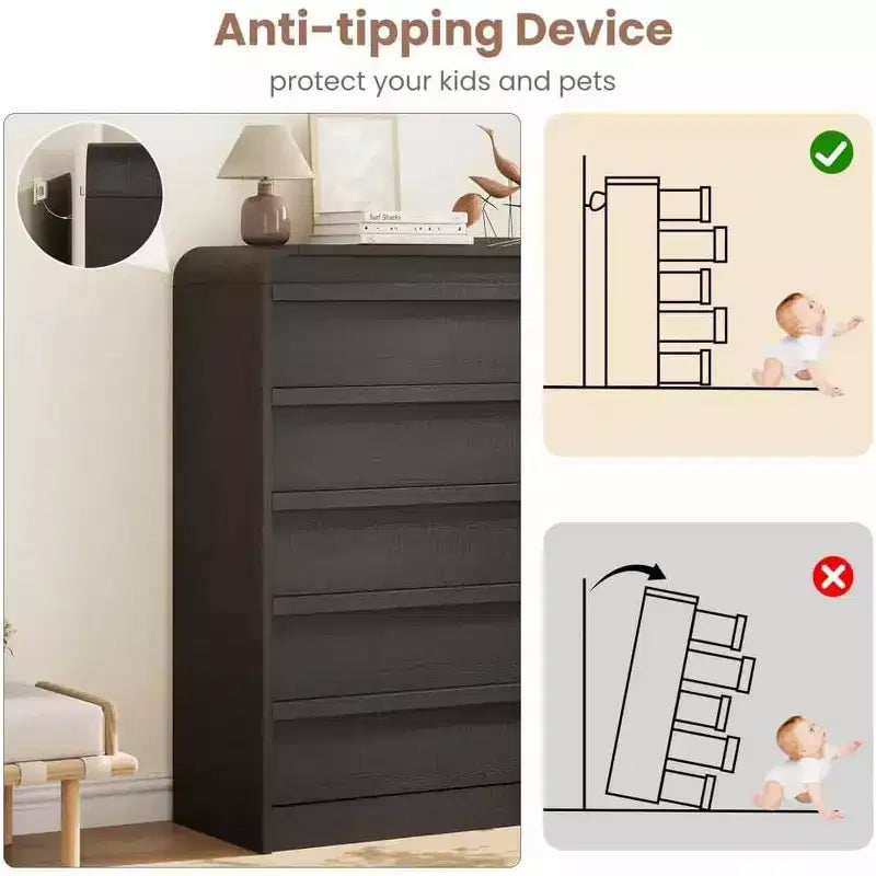 Comò/Cassettiera Moderna a 5 Cassetti con Parte Superiore Ad Arco, Design con Bordi Curvi, Mobiletto Indipendente, per Sala da Pranzo, Camera da Letto, Soggiorno