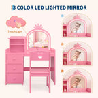 Tavolino da trucco per bambini con specchio illuminato, set toeletta in legno rosa con sedia, cassetti, portaspazzole e ripiani portaoggetti, per bambine