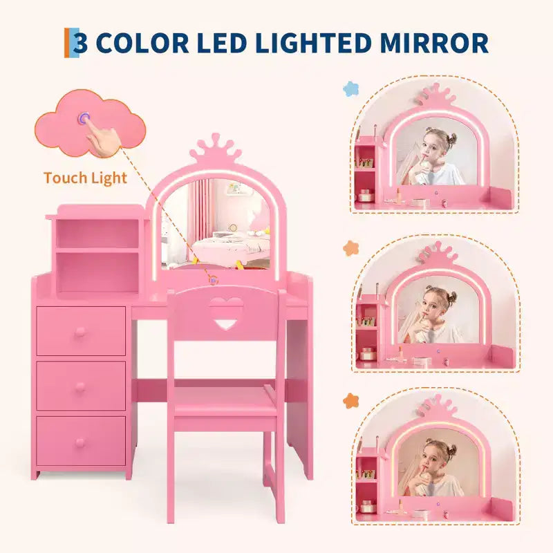 Tavolino da trucco per bambini con specchio illuminato, set toeletta in legno rosa con sedia, cassetti, portaspazzole e ripiani portaoggetti, per bambine