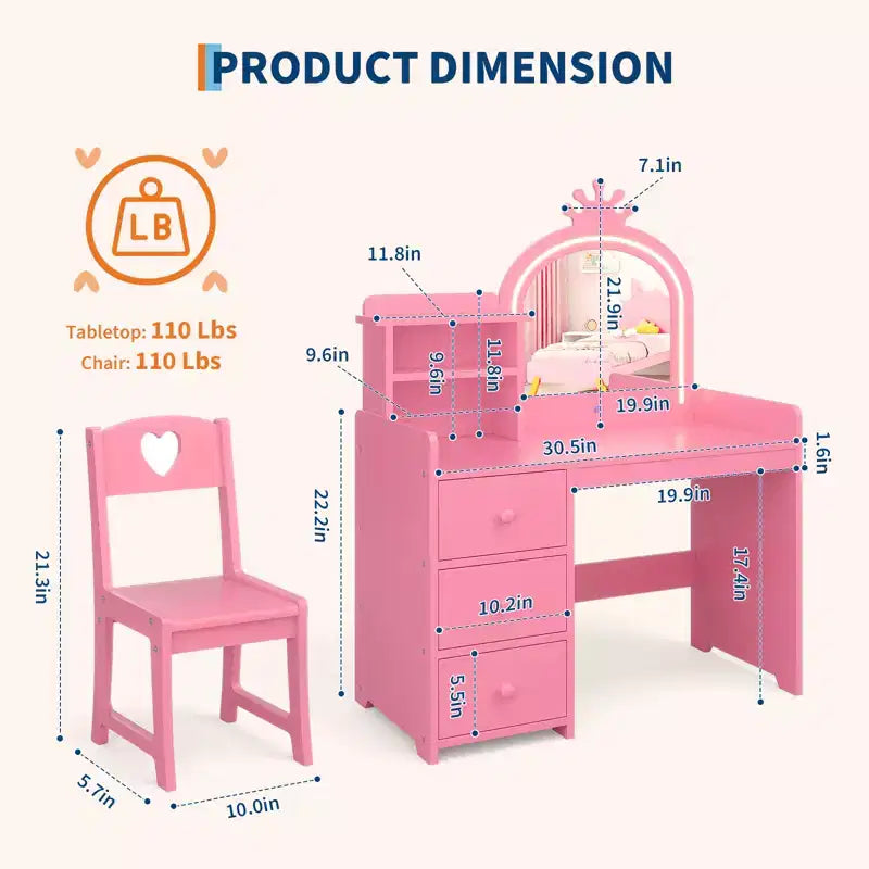 Tavolino da trucco per bambini con specchio illuminato, set toeletta in legno rosa con sedia, cassetti, portaspazzole e ripiani portaoggetti, per bambine