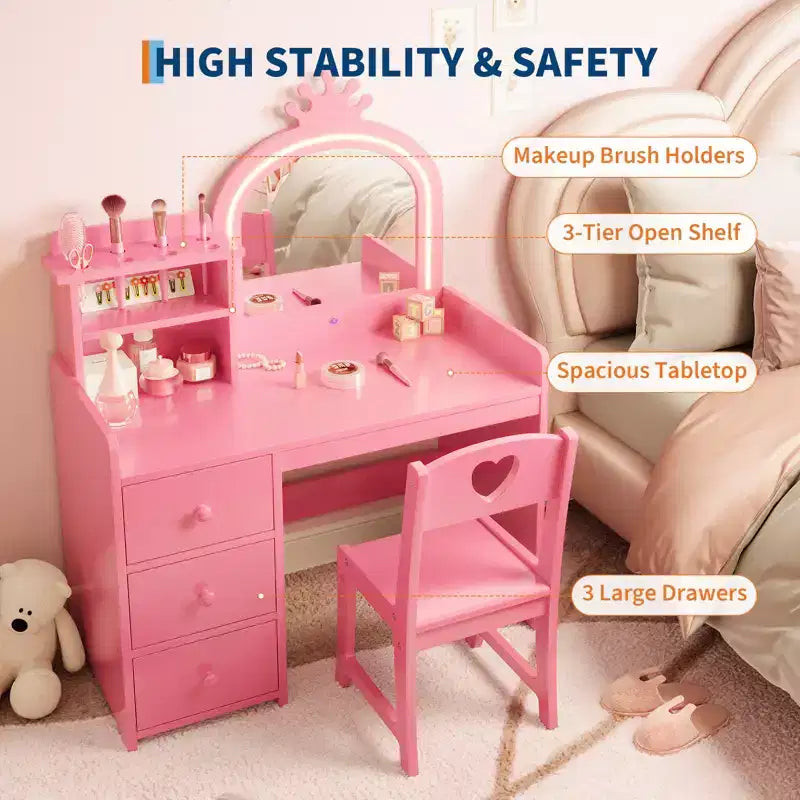 Tavolino da trucco per bambini con specchio illuminato, set toeletta in legno rosa con sedia, cassetti, portaspazzole e ripiani portaoggetti, per bambine