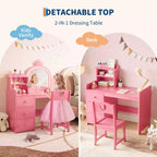 Tavolino da trucco per bambini con specchio illuminato, set toeletta in legno rosa con sedia, cassetti, portaspazzole e ripiani portaoggetti, per bambine