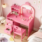Tavolino da trucco per bambini con specchio illuminato, set toeletta in legno rosa con sedia, cassetti, portaspazzole e ripiani portaoggetti, per bambine