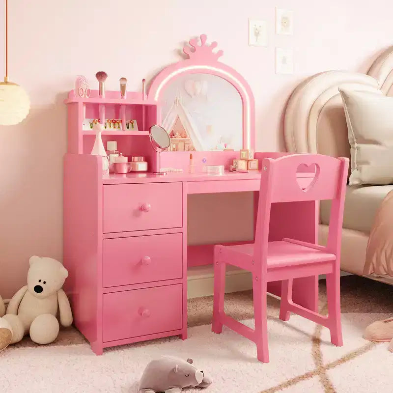Tavolino da trucco per bambini con specchio illuminato, set toeletta in legno rosa con sedia, cassetti, portaspazzole e ripiani portaoggetti, per bambine