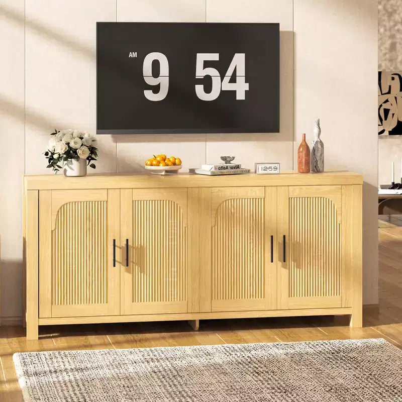 71 Credenza/Madia Moderna Stile Rustico con Ante Scanalate, Ripiani Regolabili e Gestione Cavi, Mobile Contenitore Multiuso