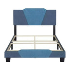 Letto a piattaforma imbottito in lino Full Size, blu, testiera a forma di diamante e quadrupla traversa a doghe incrociate