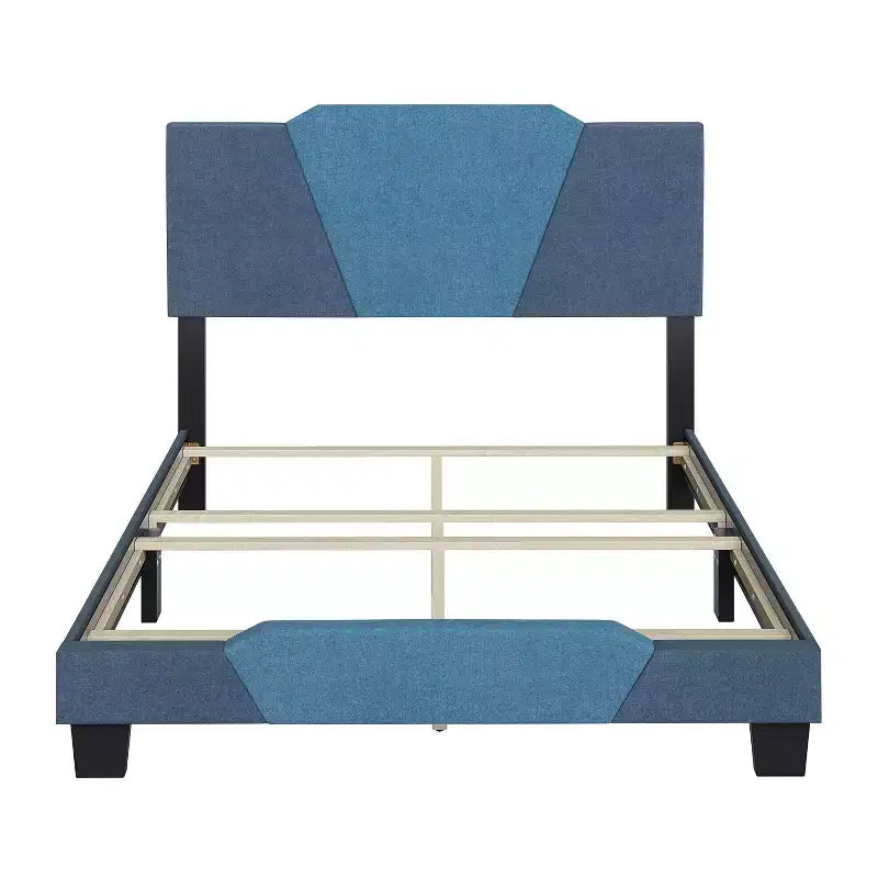 Letto a piattaforma imbottito in lino Full Size, blu, testiera a forma di diamante e quadrupla traversa a doghe incrociate
