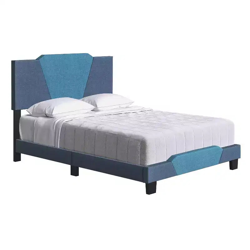 Letto a piattaforma imbottito in lino Full Size, blu, testiera a forma di diamante e quadrupla traversa a doghe incrociate