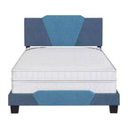 Letto a piattaforma imbottito in lino Full Size, blu, testiera a forma di diamante e quadrupla traversa a doghe incrociate
