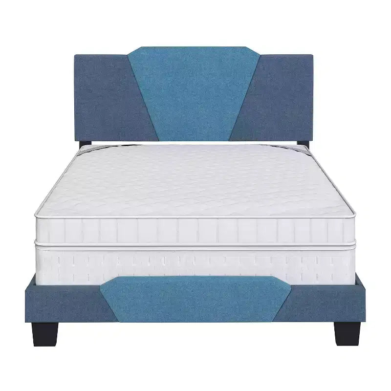 Letto a piattaforma imbottito in lino Full Size, blu, testiera a forma di diamante e quadrupla traversa a doghe incrociate