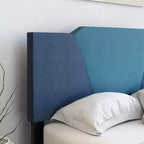 Letto a piattaforma imbottito in lino Full Size, blu, testiera a forma di diamante e quadrupla traversa a doghe incrociate