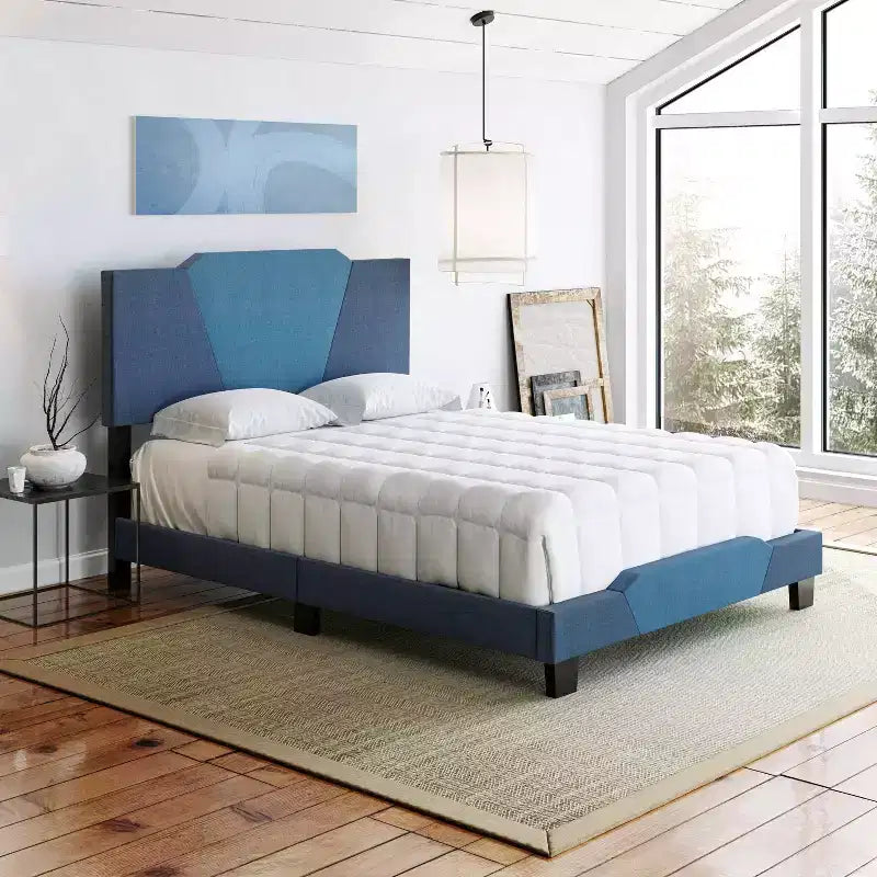 Letto a piattaforma imbottito in lino Full Size, blu, testiera a forma di diamante e quadrupla traversa a doghe incrociate