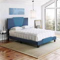 Letto a piattaforma imbottito in lino Full Size, blu, testiera a forma di diamante e quadrupla traversa a doghe incrociate