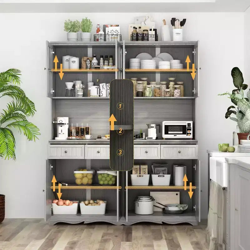 Credenza da cucina grigia da 61,2" con ante in vetro, 4 cassetti e finiture di base decorate