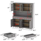 Credenza da cucina grigia da 61,2" con ante in vetro, 4 cassetti e finiture di base decorate