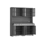 Credenza da cucina grigia da 61,2" con ante in vetro, 4 cassetti e finiture di base decorate