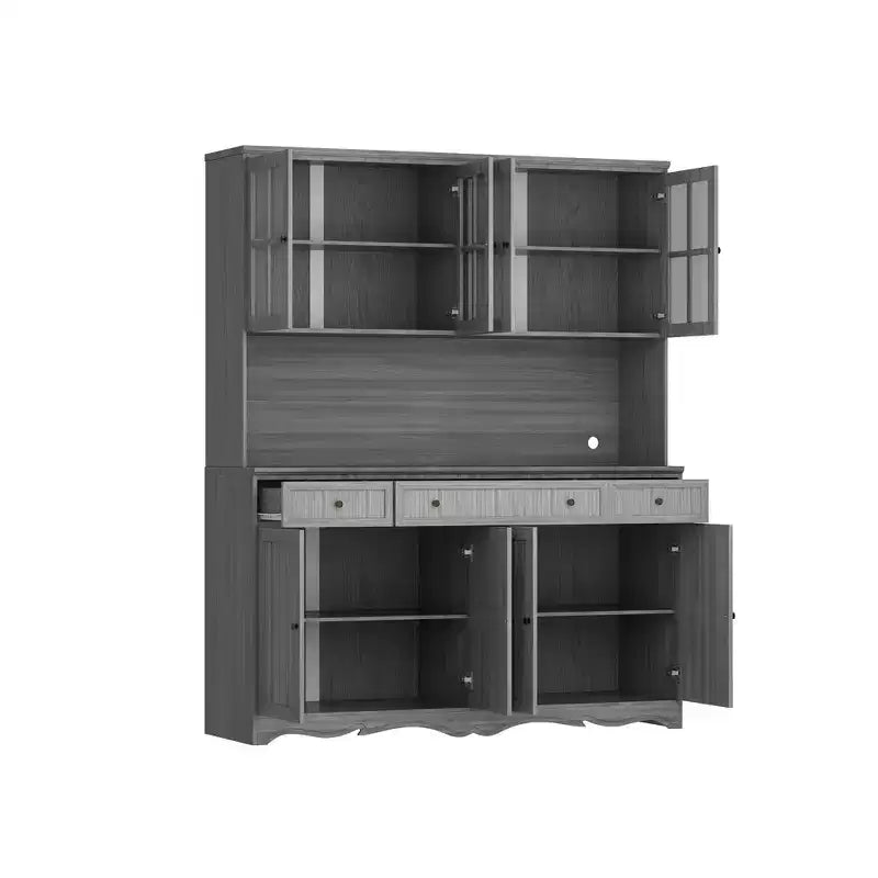 Credenza da cucina grigia da 61,2" con ante in vetro, 4 cassetti e finiture di base decorate