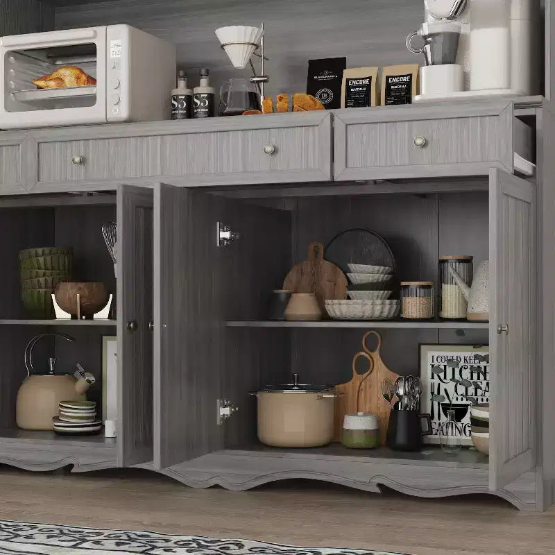 Credenza da cucina grigia da 61,2" con ante in vetro, 4 cassetti e finiture di base decorate