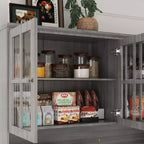 Credenza da cucina grigia da 61,2" con ante in vetro, 4 cassetti e finiture di base decorate