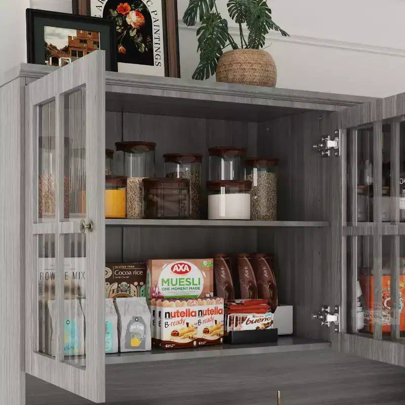 Credenza da cucina grigia da 61,2" con ante in vetro, 4 cassetti e finiture di base decorate